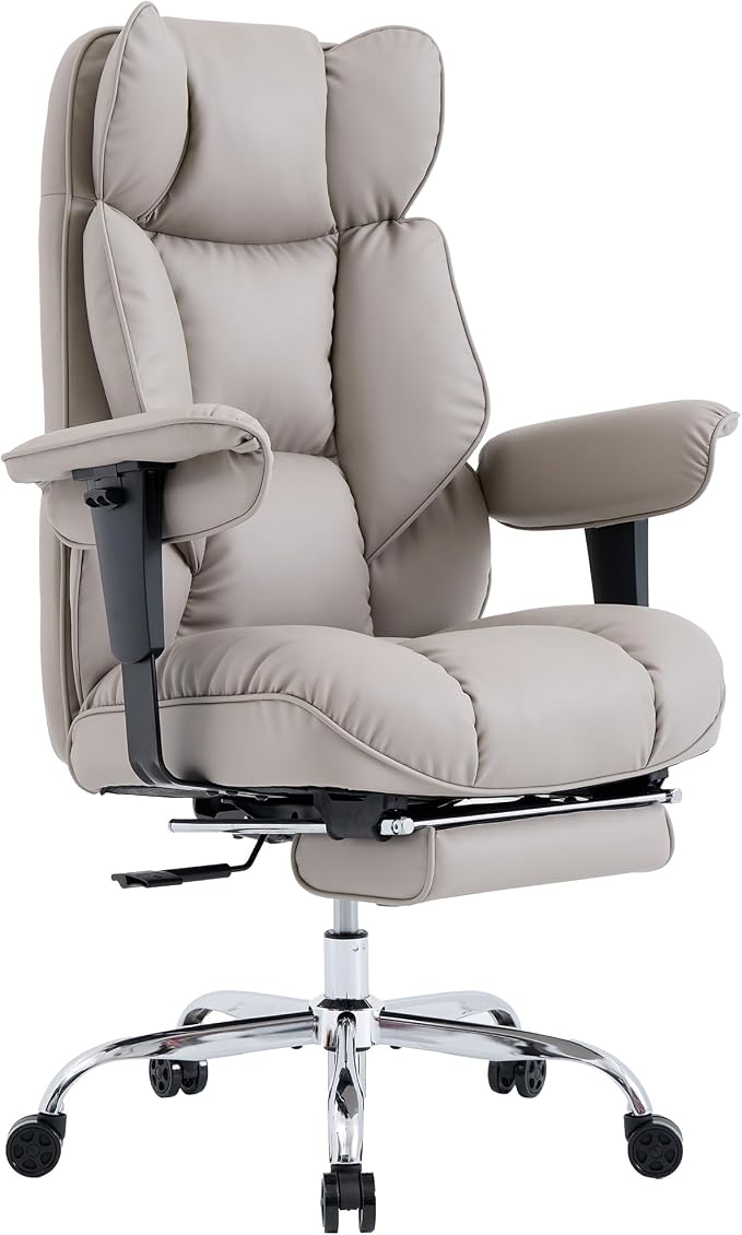 Efomao Executive Office Chair 400lbs,Grey Big and Tall Desk Chair | Mattress-grade pocket spring cushion, sleek leather, 135° recline & footrest for computer gaming setup. by OFFICECHAIR