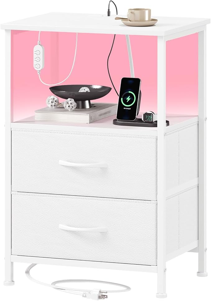 Somdot Nightstand with 2 Drawers, Charging Station & LED Light by Somdot