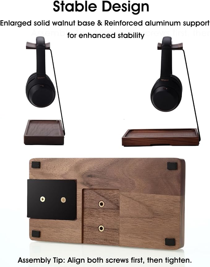 Walnut Headphone Stand, Wood Headset Holder for Desk with Storage | Wooden Gaming Headset Stand for AirPods Max/Bose/Razer/Sennheiser, American Black Walnut & Aluminum, Vintage Gift for Men - Image 3