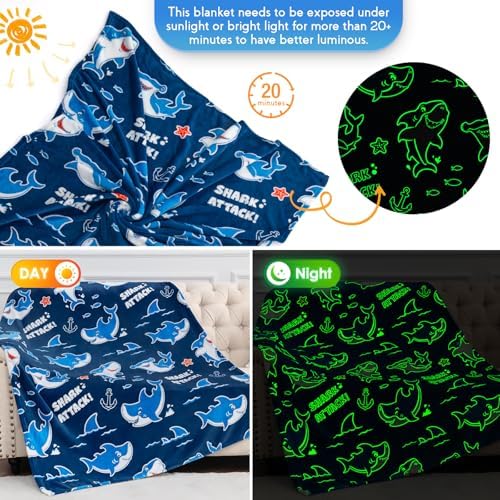 Jekeno Shark Toys Gifts for Boys Girls Glow in the Dark Blanket 50"x 60" - Image 2