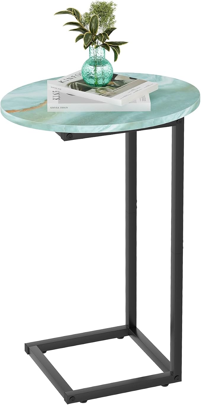 C Shaped End Side Table, Small Oval Couch Sofa Table for Bed, Snack Side Table with Metal Frame, TV Tray Table with White Marble for Small Space, Living Room, Bedroom, Bedside(Sea Blue) - Image 7