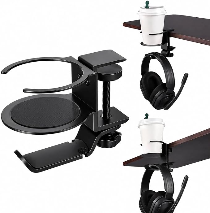 Foldable Aluminum Under Desk Headphone Hanger with Cup Holder, 2-in-1 Clamp-on Headset Stand & Drink Holder, Heavy Duty Gaming Headphone Hook for Office, Home, Gaming Desk - Black by Unknown