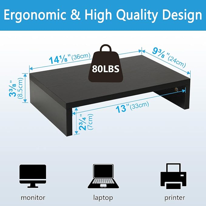 TEAMIX Black Monitor Stand Riser, Wood Desk Organizer for Laptop & Computer | 14.2"L x 9.5"W, Holds 80 lbs, Small Riser with Storage, Ergonomic Minimalist Design, Easy Assembly, For Home Office, Gaming - Image 4