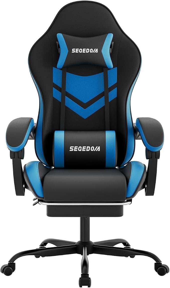 Gaming Chair with Footrest & Massage Lumbar Support, PU Leather Ergonomic High Back Swivel Height Adjustable Chair for Adults, Office Gaming, 300 lbs (Black Blue) by SEGEDOM