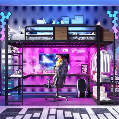 Bellemave Queen Size Metal Loft Bed with L-Shaped Desk, LED Lights & Charging Station, Heavy Duty Loft Bed Frame with Hanging Rod and Storage Shelves for Kids, Teens & Adults, Space Saving,Black - Image 3