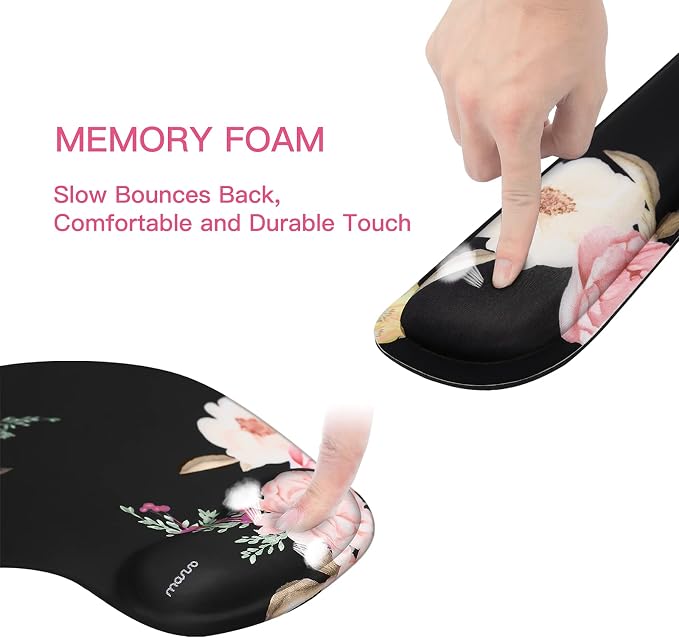 MOSISO Curved Wrist Rest Support for Mouse Pad&Keyboard Set, Black | Peony Ergonomic Mousepad Non-Slip Base Home/Office Pain Relief&Easy Typing Cushion with Neoprene Cloth&Raised Memory Foam - Image 4