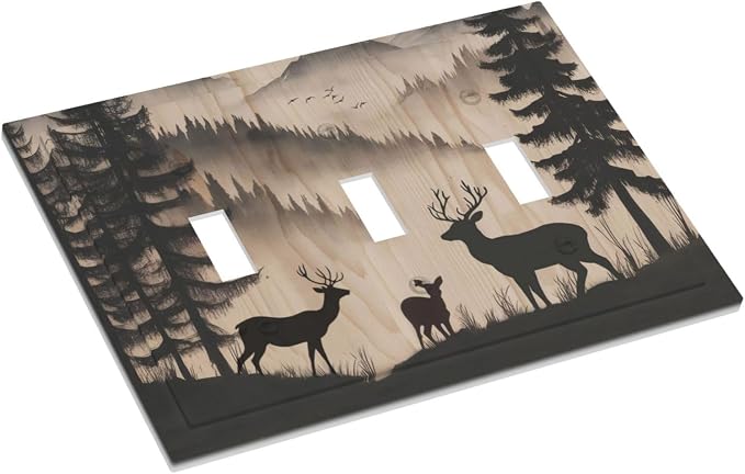 Decorative Light Switch Cover Plate Rustic Black Deer Elk Brown Wood Board Pine Tree 3 Gang Wall Plate Triple Toggle Switch Plate Covers 3 Hole Electrical Switchplate Dimmer Faceplate Decor - Image 3
