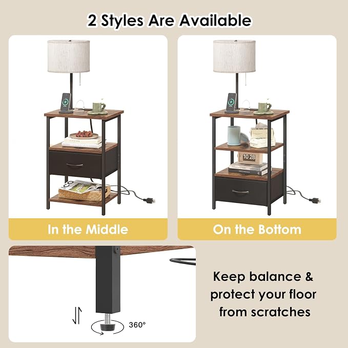 Fixwal Nightstand with Lights Bedside Table with 3 Color Temperatures Bulb, Night Stand with Charging Station End Table with Adjustable Fabric Drawer for Bedroom Dorm - Image 6