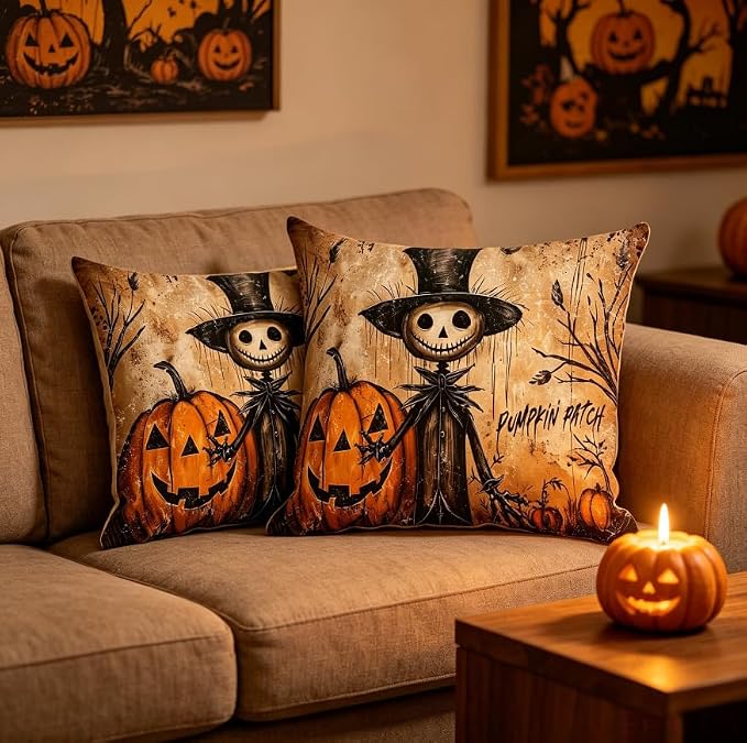 Halloween Throw Pillow Covers, Pumpkin Ghost Skeleton Design, Linen, 18x18 Inch, Set of 2, Farmhouse Style, Living Room Decor - Image 6