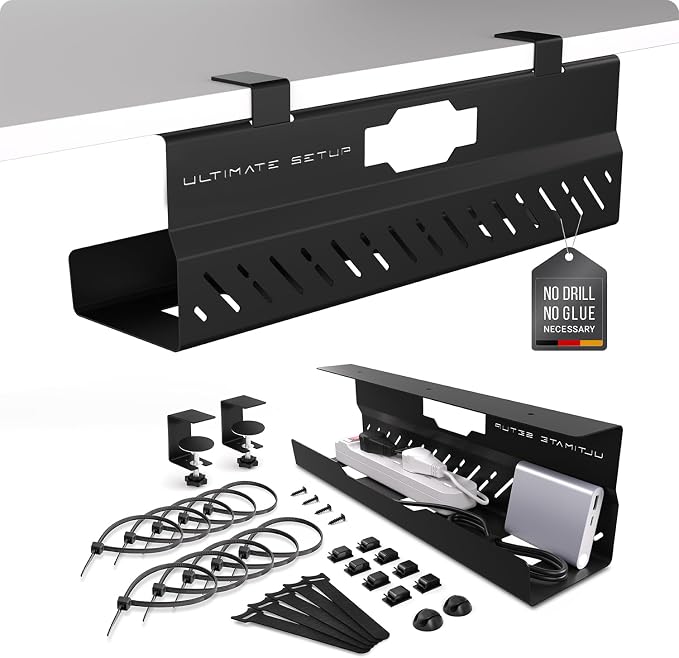 Under Desk Cable Management Tray no Drill – Wire Management - Cord Organizer – Huge Load Capacity – Under Desk Cable Tray no Drill (Black, 1 Piece Set) by UltimateSetup