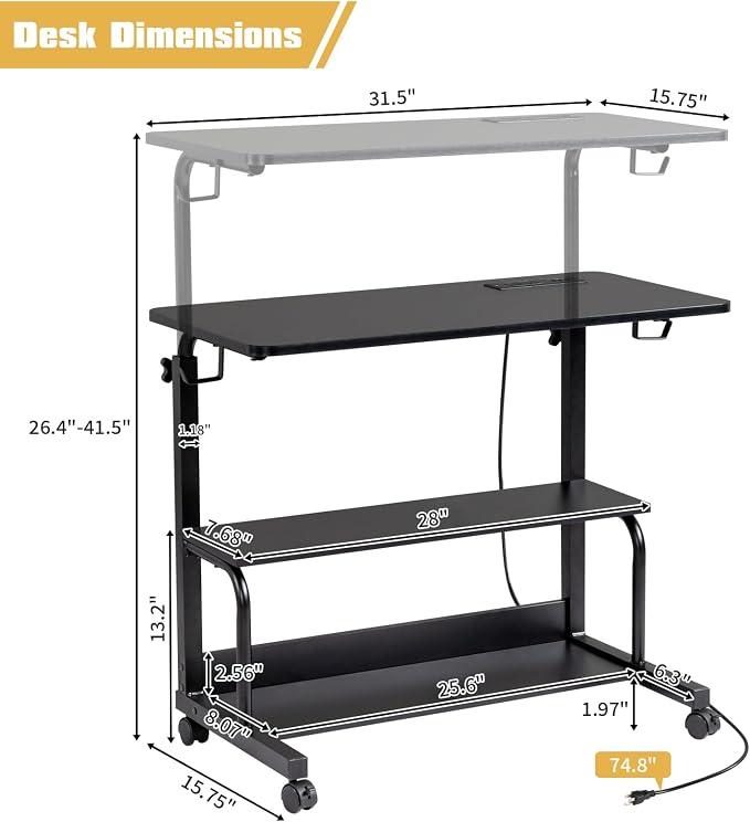 Karl home 31.5" Portable Rolling C-Shaped Computer Desk on Wheels, Black - Image 3