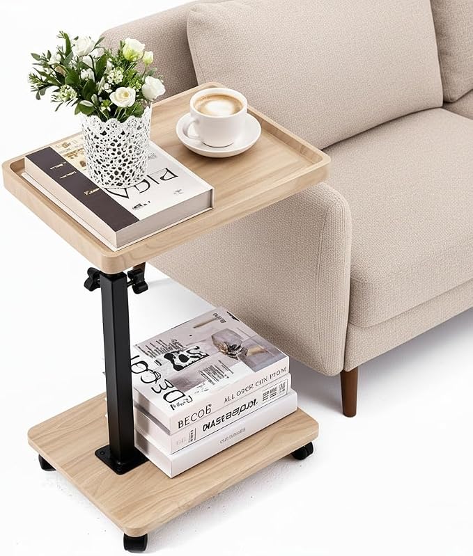 C Table End Table with Adjustable Height, C-Shaped Side Table for Couch & Bed, 360° Swivel TV Tray Table, Slide-Under Sofa Table for Snacks, Laptop & Small Spaces(Solid Wood Color) by BohodiyCShapedEndTable
