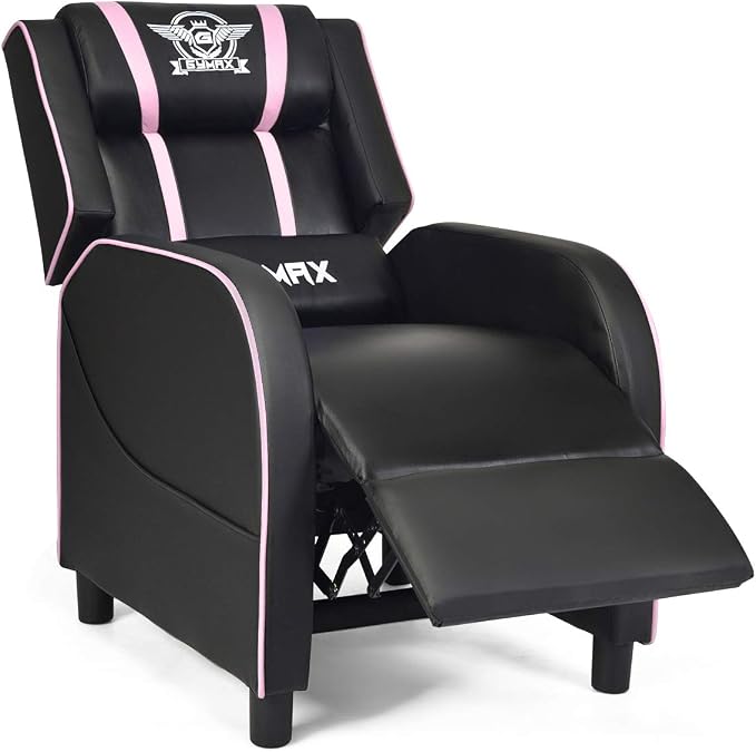 GYMAX Gaming Recliner, Massage Gaming Chair w/Adjustable Footrest, Remote Control & Side Pocket, Ergonomic Game Lounge Chair, Racing Style Single Theater Seat Game Sofa for Adults (Pink) by GYMAX
