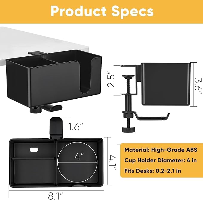 4-in-1 Clip On Desk Cup Holder, Fits up to 40oz cups - Mountable Holder with Adjustable Divider & 360° Rotating Hook - No Spill Clamp On Drink Holder Attachment - for Desk Chair Table Bed Tray - Black - Image 8