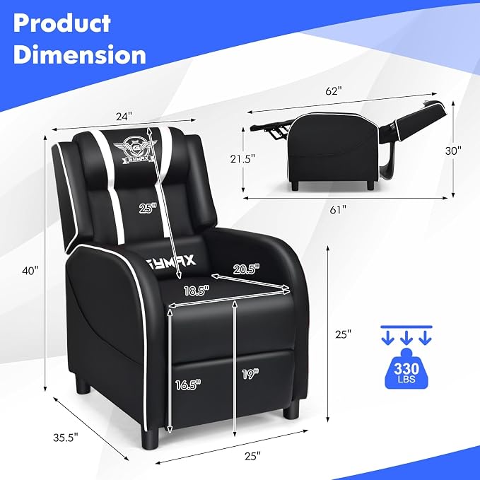 GYMAX Gaming Recliner, Massage Gaming Chair with Adjustable Backrest Footrest, Remote Control & Side Pocket, Ergonomic Game Lounge Chair, Racing Style Single Theater Seat Game Sofa for Adults (White) - Image 3