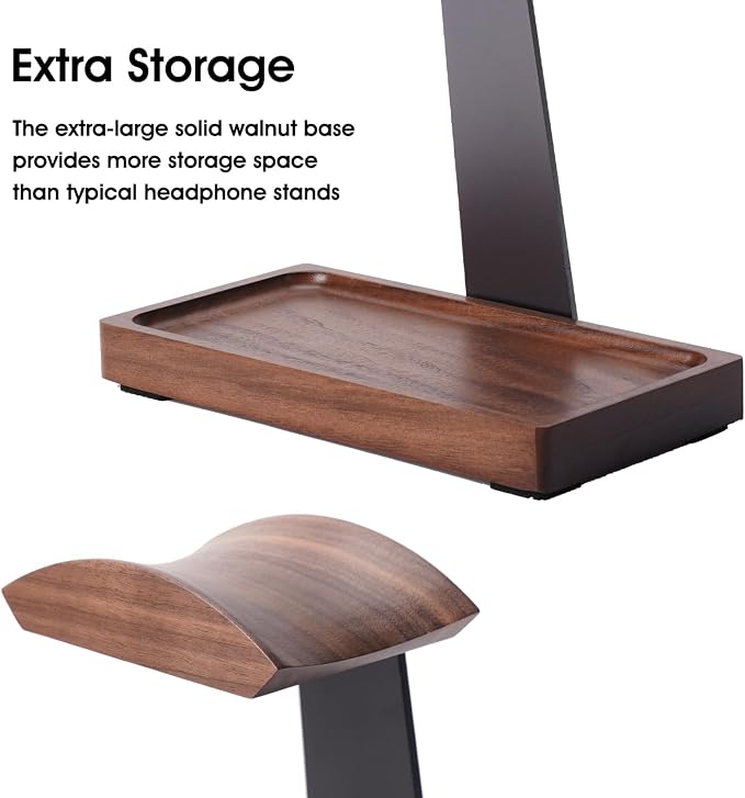 Walnut Headphone Stand, Wood Headset Holder for Desk with Storage | Wooden Gaming Headphone Holder for AirPods Max, Bose, Sennheiser, Razer/Jabra/JBL/AKG , Storage Tray, Vintage Gift for Men - Image 3
