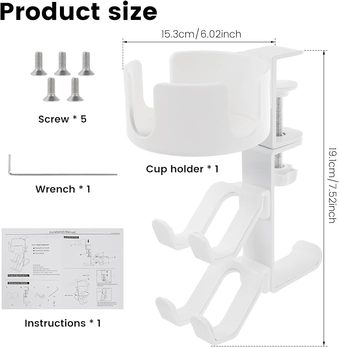 4 in 1 Desk Cup Holder with Headphone Hanger and Controller Stand Gaming Accessories, Under Desk Clamp Rotatable Headset Holder,Adjustable&Rotating Upgraded Arm Clamp,Desk Controller Holder (White) - Image 2