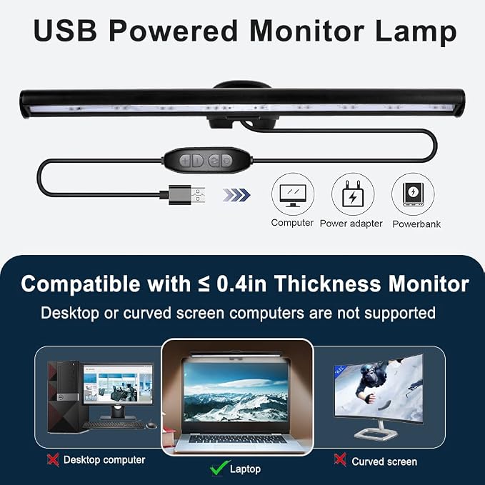 skybess Monitor Lamp Bar for Laptop, USB e-Reading LED Monitor Light Screenbar Task Light for Office/Home, Adjustable Brightness/Color Temperature, No Screen Glare for Eye Protection, Save Space - Image 5