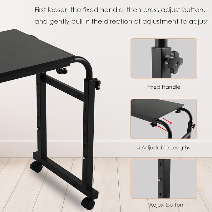 Arlopu Overbed Table with Wheels,60.6-84.2 inches Mobile Bed Desk, Black - Image 3