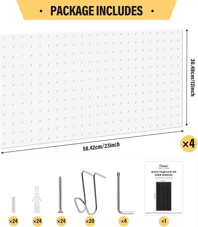 DEWEL 4 Pack White Metal Pegboard, 23x12 Inch Wall Organizer Kit with Hooks - Image 3