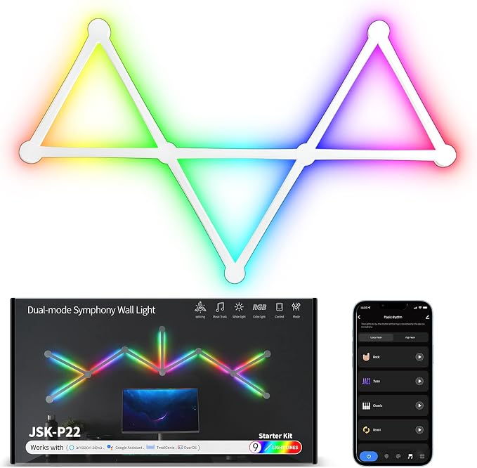 Smart WiFi RGB LED Wall Light Lines 16M+ Color LED Dimmable Music Sync Gaming Room, Bedroom, Led Home Wall Decor Light Bars Kit Compatible with Alexa and Google Assistant (9 LED Light Lines) by KOBAIBANlightshineyoulife