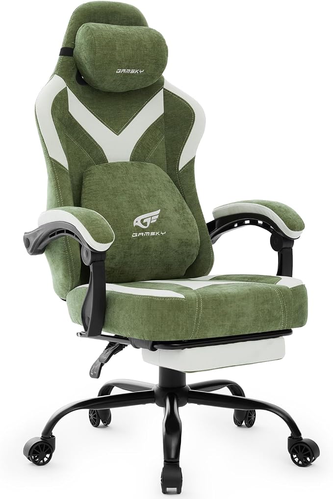 Ergonomic Gaming Chair for Adults - Comfortable Office Computer Chair with 20.5” Wide Seat, Adjustable Video Game Chair with Footrest and Lumbar Support for Home Office, Green by Gamsky