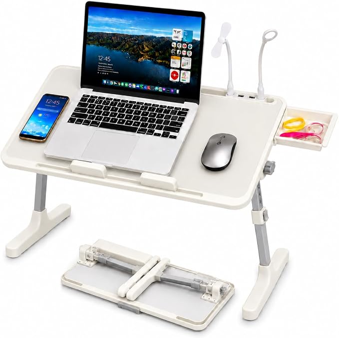 Laptop Desk for Bed, Height & Angle Adjustable Lap Desk with USB Cooling Fan, LED Light and USB Ports, Foldable Portable Laptop Table for Couch, Sofa, Floor, Reading, Writing (Gray) by PHANCIR