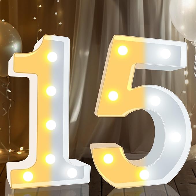 Pooqla 15th Birthday Decoration for Girls Boys, Decorative LED Light Up Numbers, Marquee Numbers 15 Sign for Party Backdrop 15th Wedding Anniversary Decor, Warm White and Cool White Number 15 - Image 7