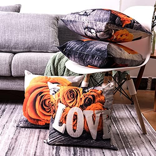 Flower Throw Pillow Covers Decor 20 x 20 Inch Set of 4, Burnt Orange Rose Pattern Pillow Cases for Bedroom Outdoor Patio Cotton Linen Square Pillow Cushion Cases Couch Sofa Decorative Pillow Cover Car - Image 5