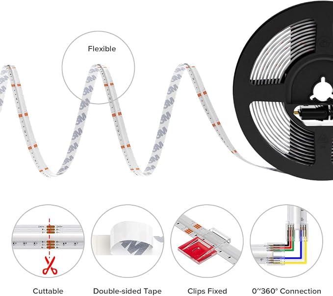 BTF-LIGHTING UL Listed RGBCCT COB LED Strip Light, DC24V 24FT RGB+Tunable White 3000K-6000K Color Changing LED Strip Light, with Remote/Bluetooth Music Controller for Home Party Indoor DIY Lighting - Image 6