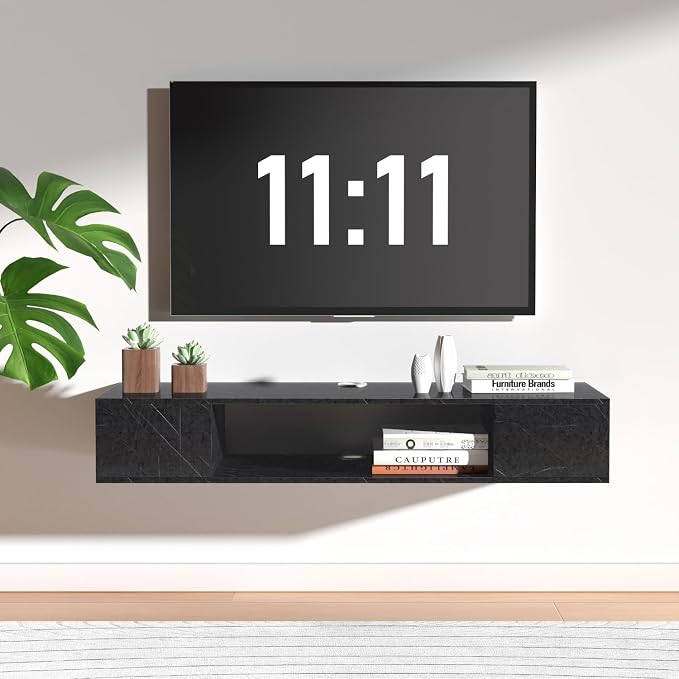 GHC Floating TV Stand, Wall Mounted Entertainment Center and Cabinet Shelf, TV Console with Storage, Media Console for DVD Player, Space-Saving Under TV Shelf for Bedroom, Living Room (Black Marble) by GHC