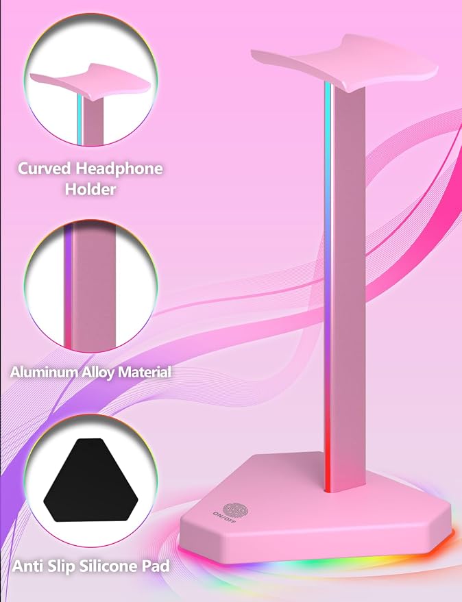RGB Headphones Stand with 1 USB-C Data Transmission& 3 Type-C Charging Port, Desk Gaming Headset Holder with 7 Light Modes and Non-Slip Rubber Base (Pink) - Image 5