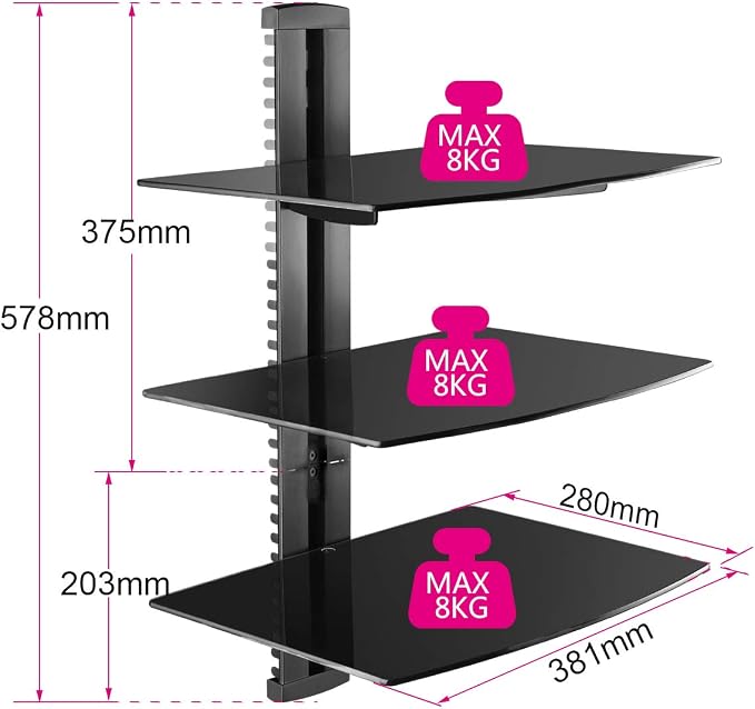suptek 3 Floating Shelf Wall Bracket with Strengthened Tempered Glass for DVD Players/Cable Boxes/Games Consoles/TV Accessories, 3 Shelves, Black, CS303 - Image 3