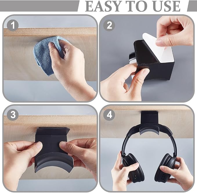 AHANDMAKER 2 Pack Headphone Stand for Desk Headphone Holder with Adhesive Gaming Headphones Hanger Under Desk Shelf Mounting Hooks for Bedroom Gaming Setup Organization, Black - Image 3