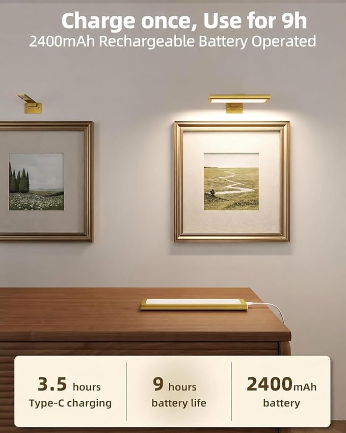 EZVALO Picture Light for Wall, Rechargeable 2400mAh Gold Lights Wireless with IR Remote, 3 Color & Dimmable Magnetic 7.87'' LED Lights Display for Painting, Living Room, Gallery, Bedroom Art(3P) - Image 2