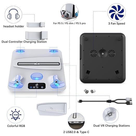 SOTY PS5 Cooling Station for PS5/Slim/Pro, PS5 controller & PS VR2 Charger - Image 8