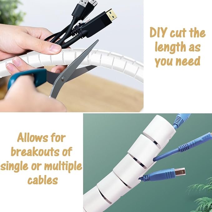 Large Cable Management White Computer Wire Sleeve Organizer Coiled Under Desk Tubes 2 PCS, 1.1 inch -5 ft EZ Spiral Cable Bundler Cover for TV Office, Pet Chew and Bite Proof Cable Protector - Image 6