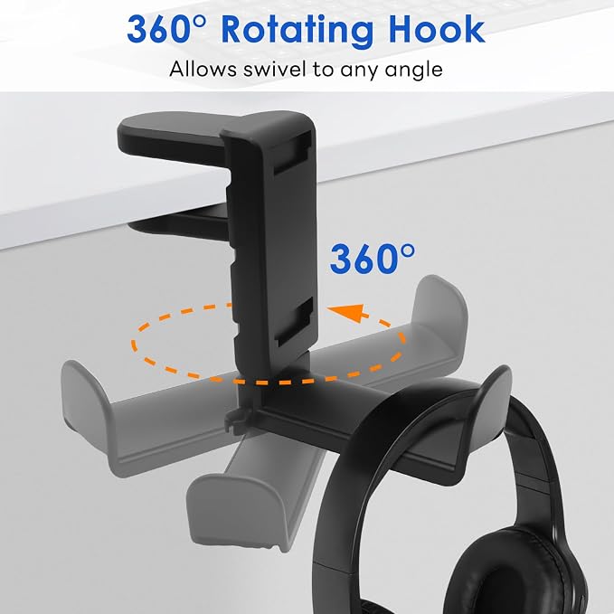 3 In 1 PC Gaming Headphone & Controller Stand Holder, Clamp On Headset Hanger with 360° Rotation Hook, Under Desk Cable Clip Organizer Earphone Storage Rack, Universal XBOX PS5 PS4 Switch Gift, Black - Image 5