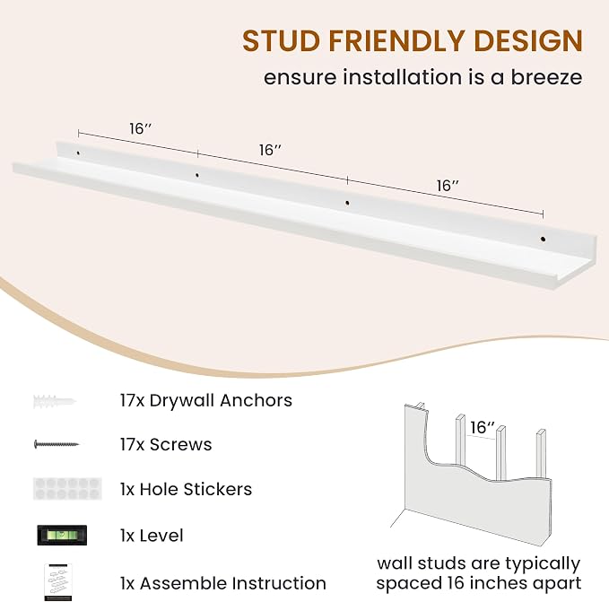 Picture Ledge Shelf, Floating Shelves for Wall Decor, White, Set of 6, 55'' - Image 5