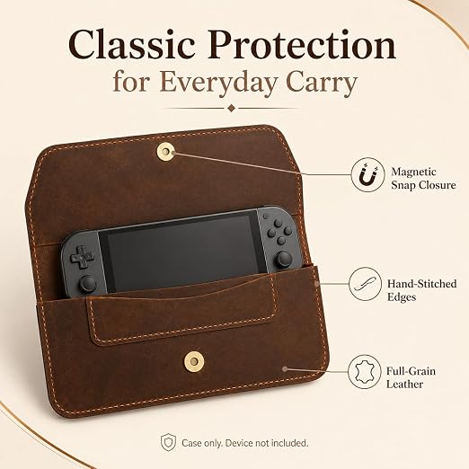 D&M leather studio Handmade Full Grain Leather Carrying Case for 5.5 Inch Handheld Game Console with Magnetic Snap Closure.Compatible with Switch Lite - Image 4