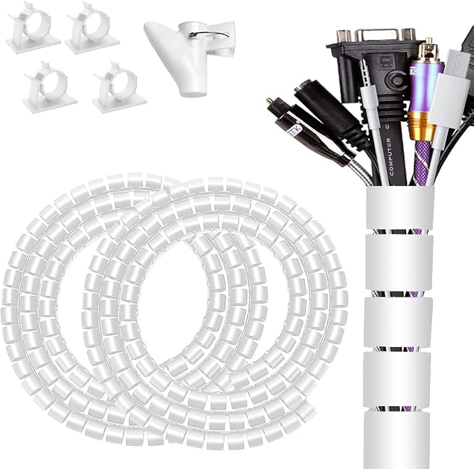Large Cable Management White Computer Wire Sleeve Organizer Coiled Under Desk Tubes 2 PCS, 1.1 inch -5 ft EZ Spiral Cable Bundler Cover for TV Office, Pet Chew and Bite Proof Cable Protector by FANOSHONOFFICIAL