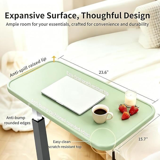 Adjustable Overbed Table with Wheels, Pneumatic Height Lift Rolling Bedside Table, Standing Desk for Home & Office Use, Ideal for Seniors & Limited Mobility (Light Green) - Image 5