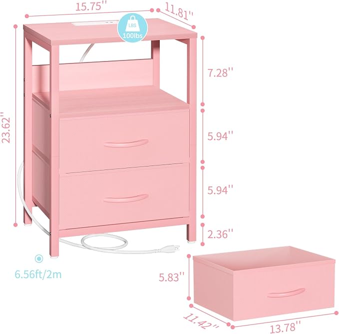Yoobure Nightstand with Charging Station, Small Night Stand with Fabric Drawers and Storage Shelf for Bedrooms, Nightstands for Small Spaces, Bedside Table with USB Ports & Outlets Bed Side Table - Image 3