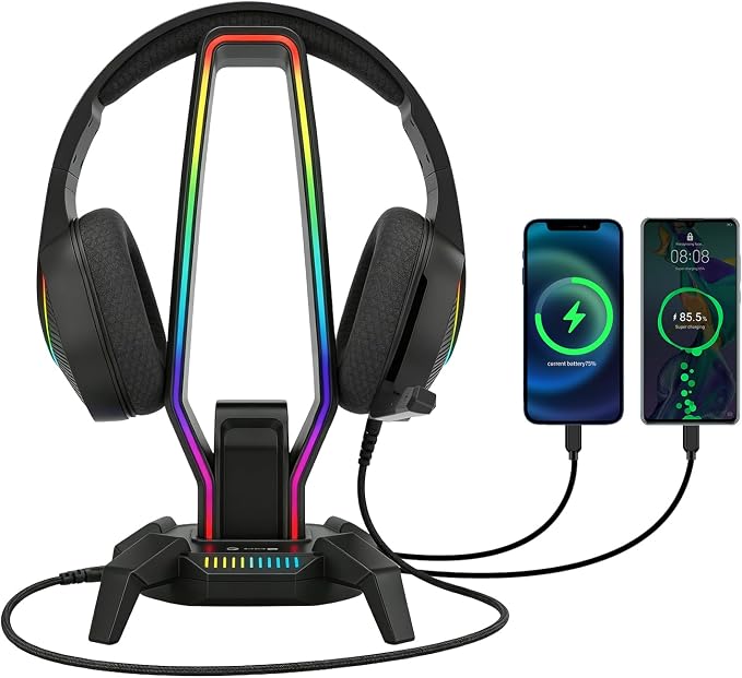 MARVO RGB Headphone Stand Data Transmission, 9 Lights Mode Headset Holder with 1 USB-C & 3 USB Ports & 1 3.5mm Jack Port, Ultimate Gaming Accessories for Gamers for PS, Xbox, PC by MARVO