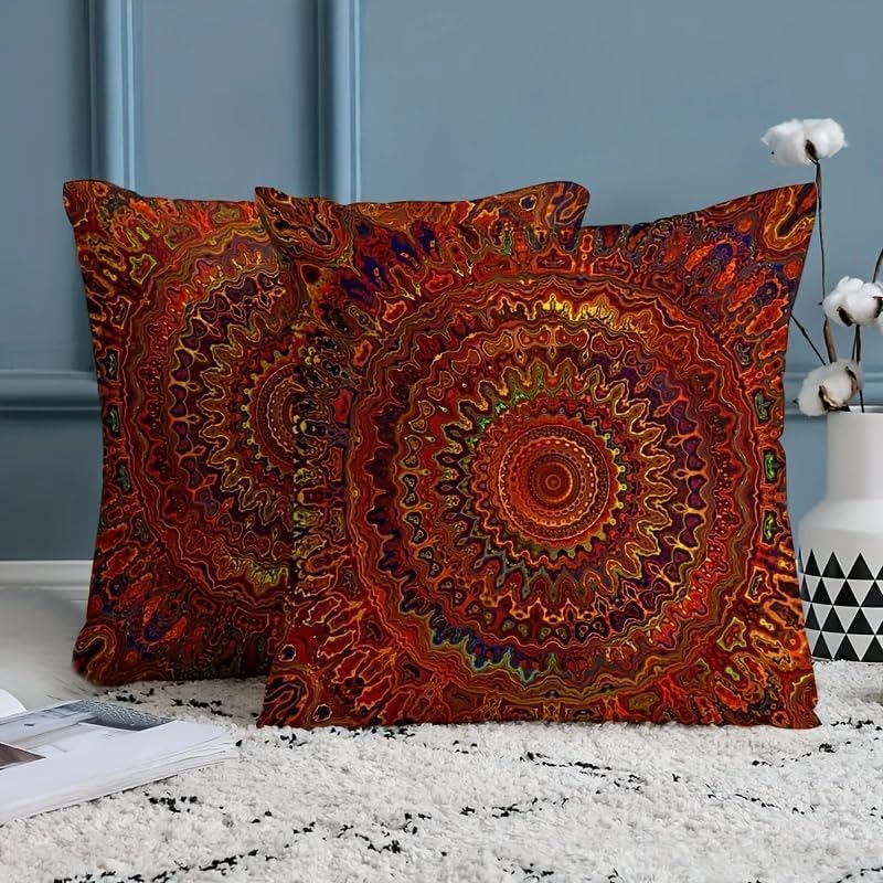 Decorative Linen Throw Pillow Covers, Mandala Pattern, Set of 2 18x18 pillows Red Fantasy Golden Mandala Bohemian Style Modern Decorative Square Pillowcases for Sofa Couch Bedroom Living Room Car - Image 2