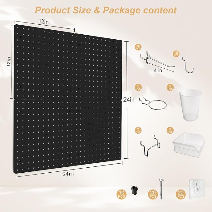 FZK Modular Plastic Peg Board Wall Organizer Kit, 12x12, Black | Includes 26 hooks and 6 bins, adhesive or drill mounting, ideal for office, craft room, kitchen - Image 2