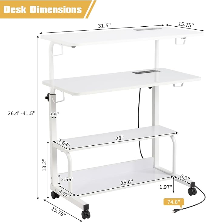 Karl home 31.5" Portable Rolling C-Shaped Computer Desk on Wheels, White - Image 3