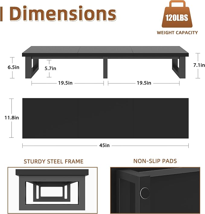 YAOHUOO 45" Large TV Riser for 32-60 inch TV, TV Riser Stand Shelf,Black | Steel Legs,Tabletop TV Stand Riser for Home Office,Fit TV/Monitor/Laptop/Soundbar,7.1"Height,Holds up to 120lbs - Image 7