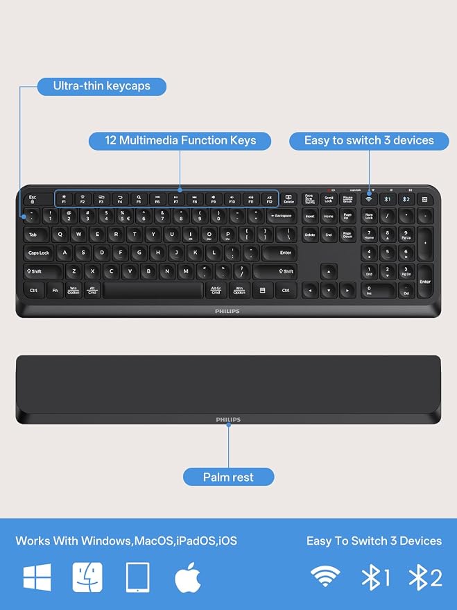 PHILIPS Wireless Keyboard and Mouse, Bluetooth Keyboard with Wrist Rest - Image 6