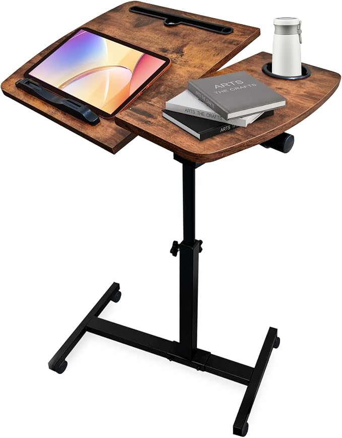 Overbed Table with Wheels Adjustable Height, Tiltable Desktop with Tray, Over Bed Table Rolling Bedside Tables, Medical Mobile Standing Desk, for Hospital Office Bedroom Sofa, Brown by YAQUHO